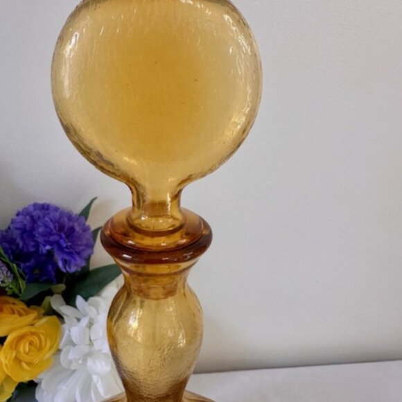 Vintage Amber Glass Floral Decanter with Lollipop Stopper Italian Style Embossed - Picture 4 of 5